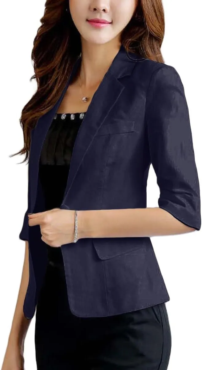 2025 Women's Summer Linen Blazer 3/4 Sleeve Lightweight Fully-Lined Slim Elegant Casual Work Jacket with Pockets