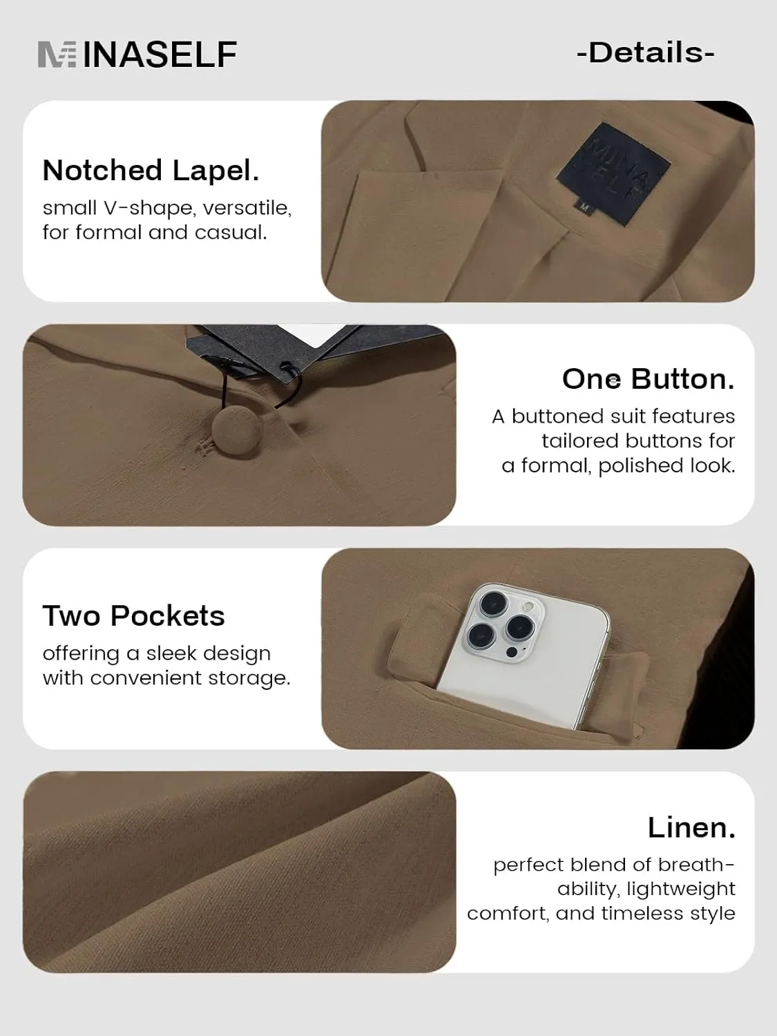 2025 Women's Summer Linen Blazer 3/4 Sleeve Lightweight Fully-Lined Slim Elegant Casual Work Jacket with Pockets