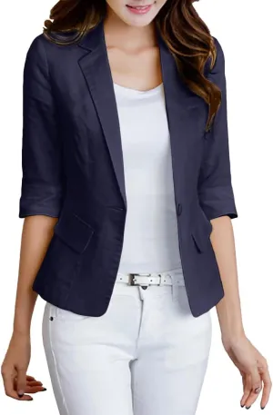2025 Women's Summer Linen Blazer 3/4 Sleeve Lightweight Fully-Lined Slim Elegant Casual Work Jacket with Pockets