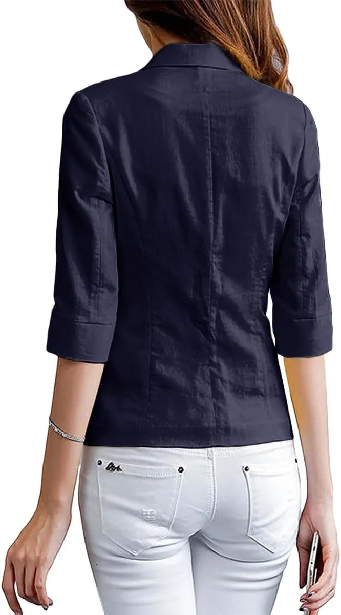 2025 Women's Summer Linen Blazer 3/4 Sleeve Lightweight Fully-Lined Slim Elegant Casual Work Jacket with Pockets