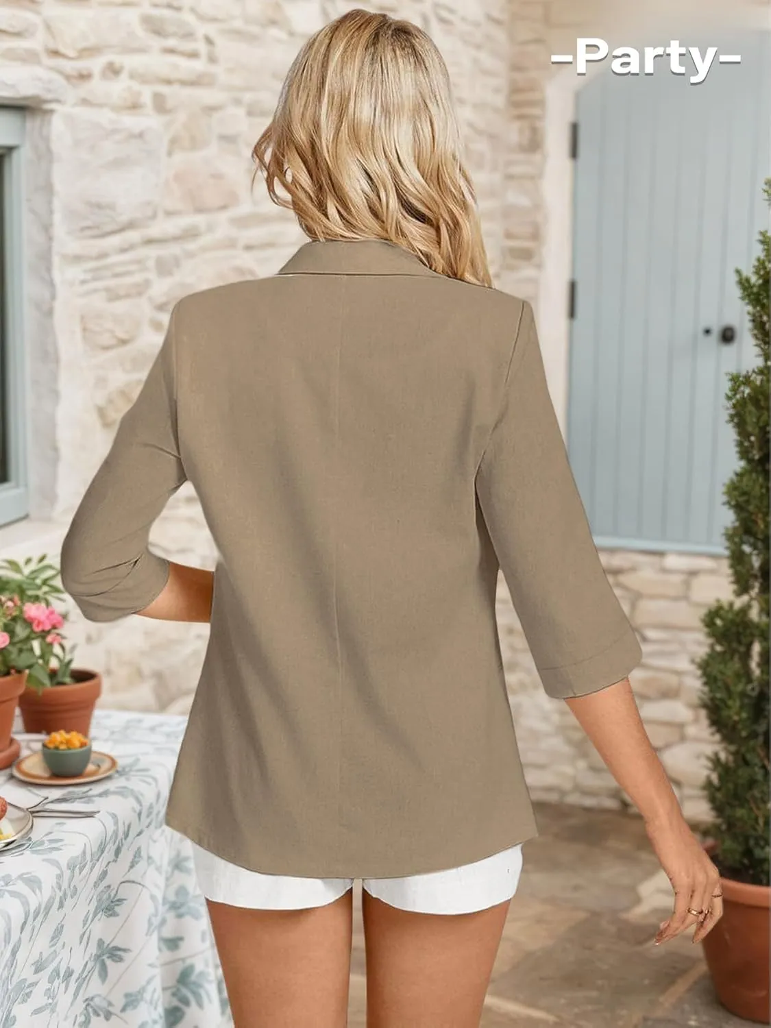 2025 Women's Summer Linen Blazer 3/4 Sleeve Lightweight Fully-Lined Slim Elegant Casual Work Jacket with Pockets