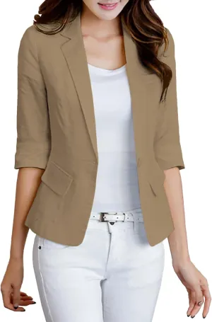 2025 Women's Summer Linen Blazer 3/4 Sleeve Lightweight Fully-Lined Slim Elegant Casual Work Jacket with Pockets