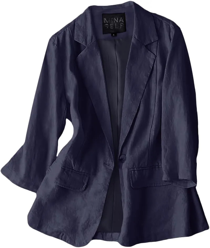 2025 Women's Summer Linen Blazer 3/4 Sleeve Lightweight Fully-Lined Slim Elegant Casual Work Jacket with Pockets
