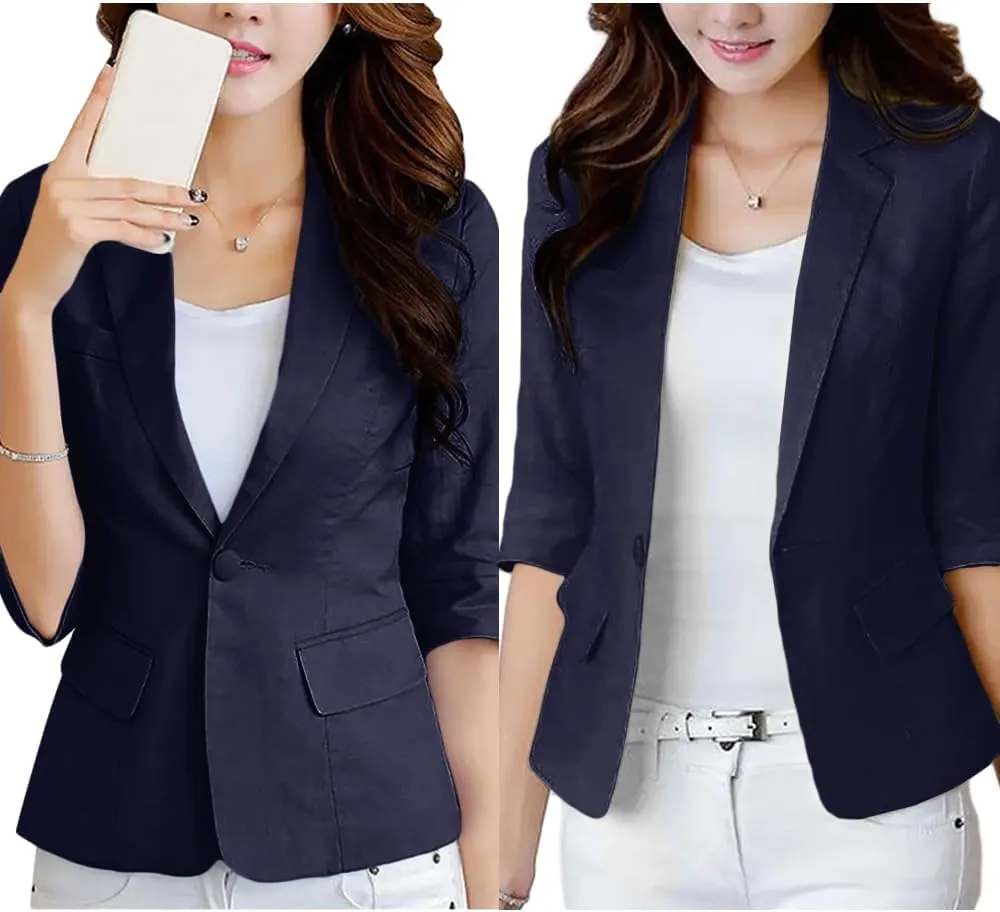 2025 Women's Summer Linen Blazer 3/4 Sleeve Lightweight Fully-Lined Slim Elegant Casual Work Jacket with Pockets