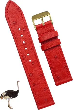 20mm Flat Red Ostrich Leather Watch Band Men Quick Release Handmade Leather Strap, Slim Replacement Wristband Stainless Steel Buckle, Christmas Father's Day Gift for Dad Husband DH-NO-190G-20MM