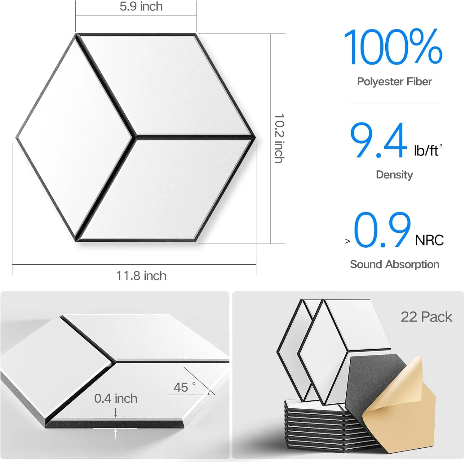 22-Pack Self-Adhesive Acoustic Panels, 12" x 10" x 0.4" – High-Density, Flame-Resistant Soundproof Foam. Absorbs Noise and Eliminates Echoes, Hexagonal 3D Design (White Face)