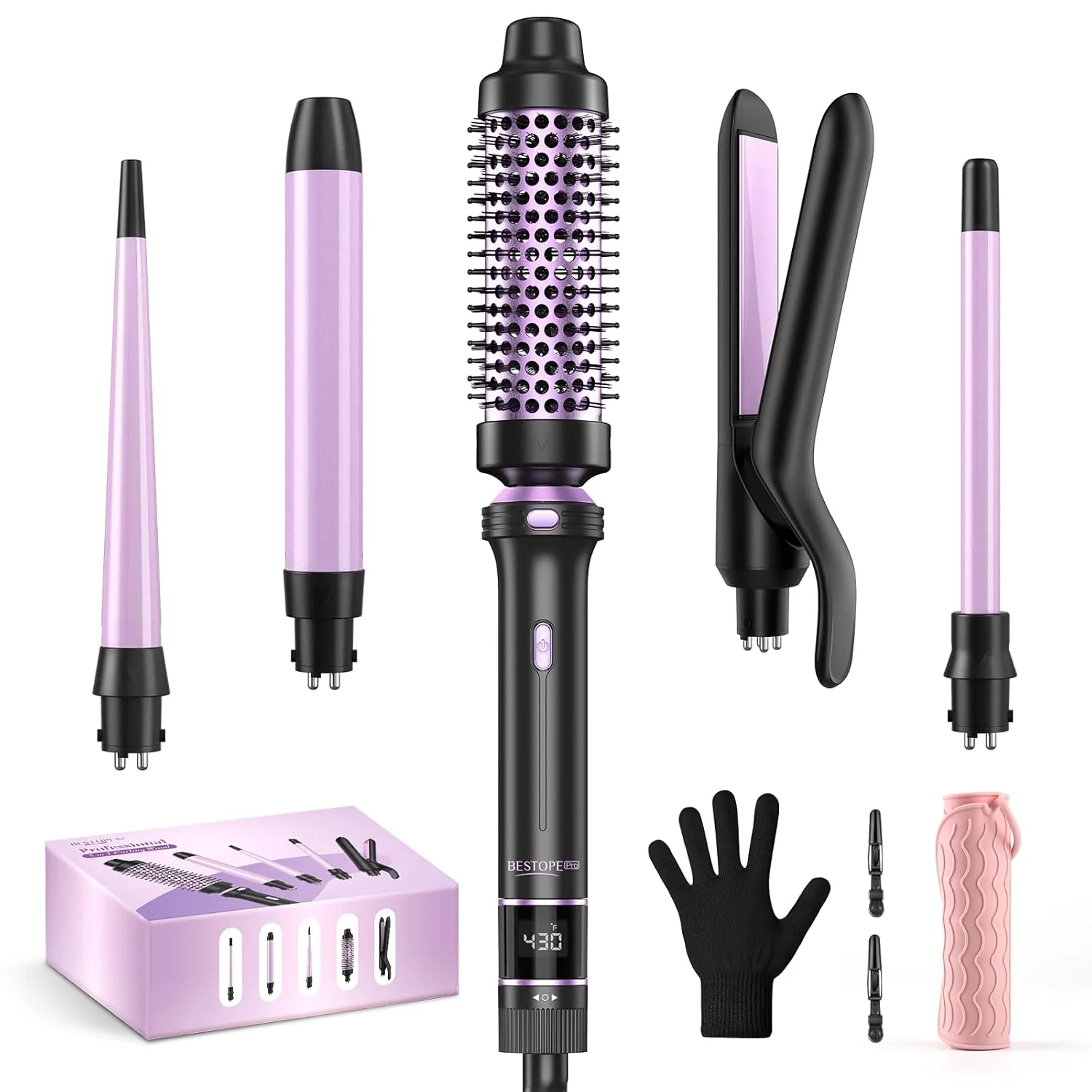 5 in 1 Curling Iron, Curling Wand Set with Thermal Brush, Flat Iron Hair Straightener, 3 Ceramic Irons (0.35"-1"), 13 Adjustable Temps, Hair Curler Waver with Heat Resistant Mat, Glove, Clip