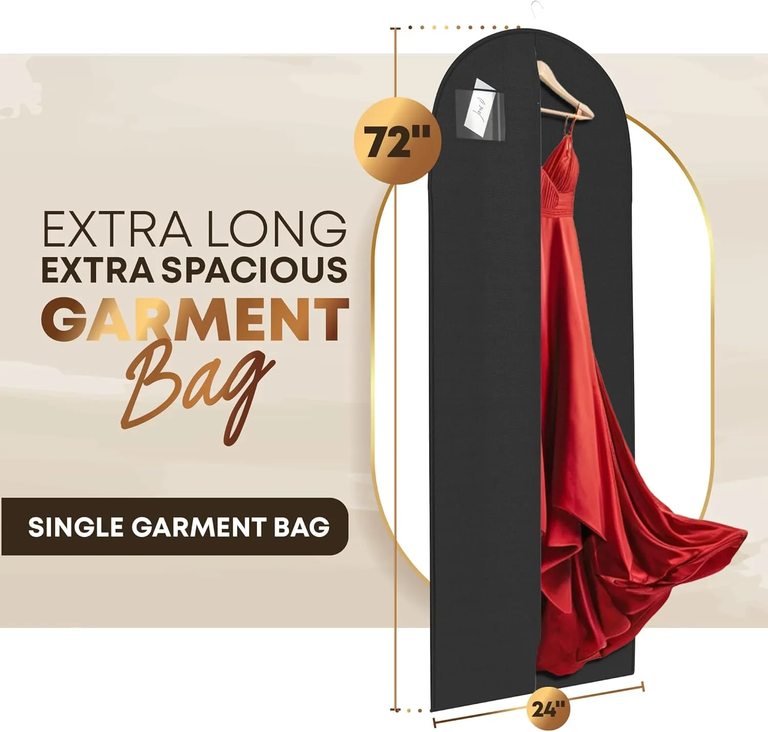 72" Long Dress Bags for Gowns - Wedding Dress Garment Bag for Dresses - Long Garment Bags for Hanging Clothes & Closet Storage - Durable Travel Bag for Women with ID Window