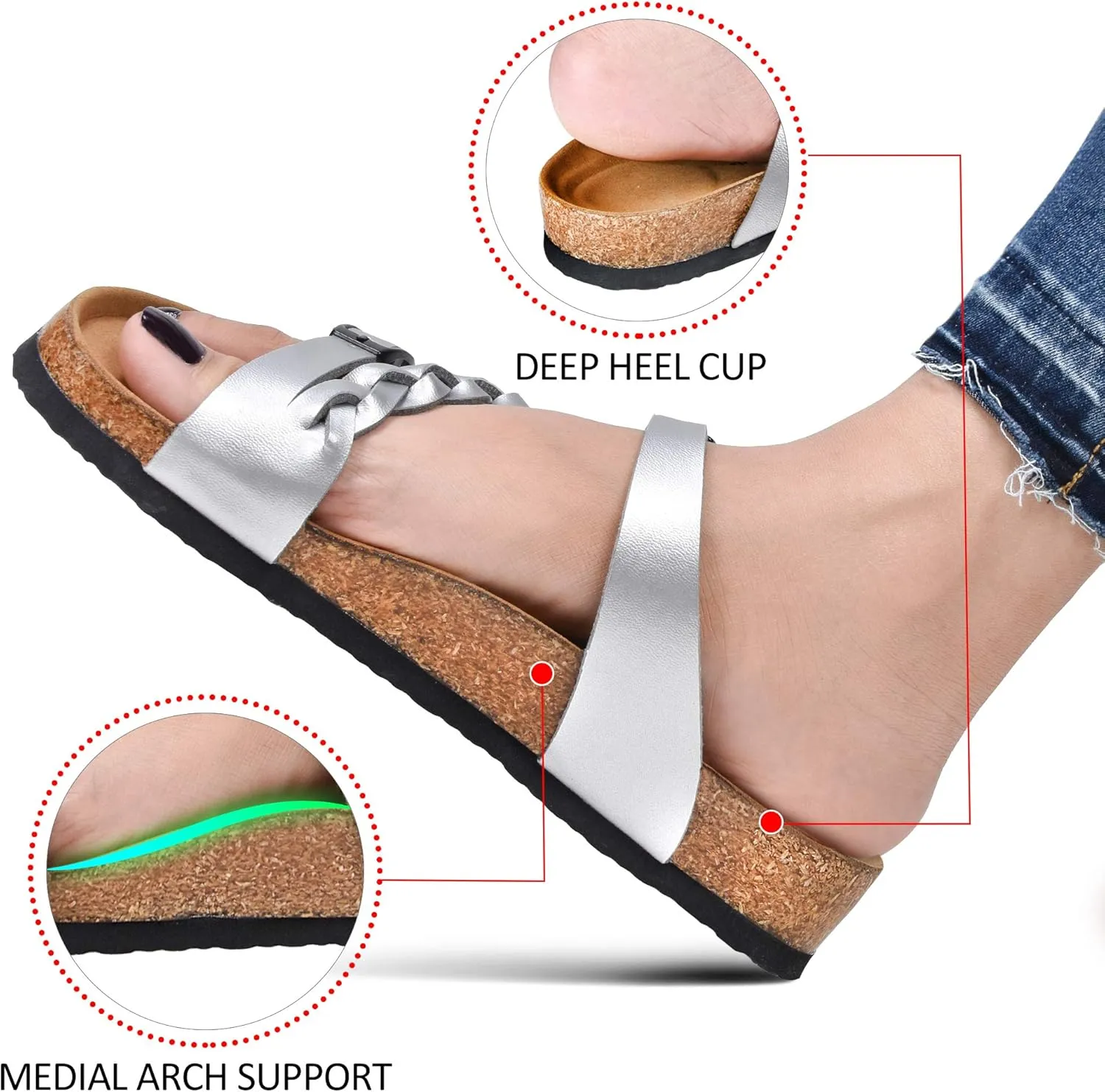 AEROTHOTIC Comfy Memory Foam Cork Sandals for Women Cute Dressy Adjustable Strappy Split Toe Slip On Vacation Essentials Women Footwear Open Toe Arch Support Slides