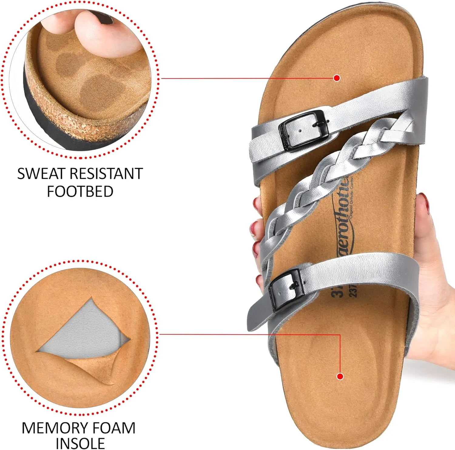AEROTHOTIC Comfy Memory Foam Cork Sandals for Women Cute Dressy Adjustable Strappy Split Toe Slip On Vacation Essentials Women Footwear Open Toe Arch Support Slides