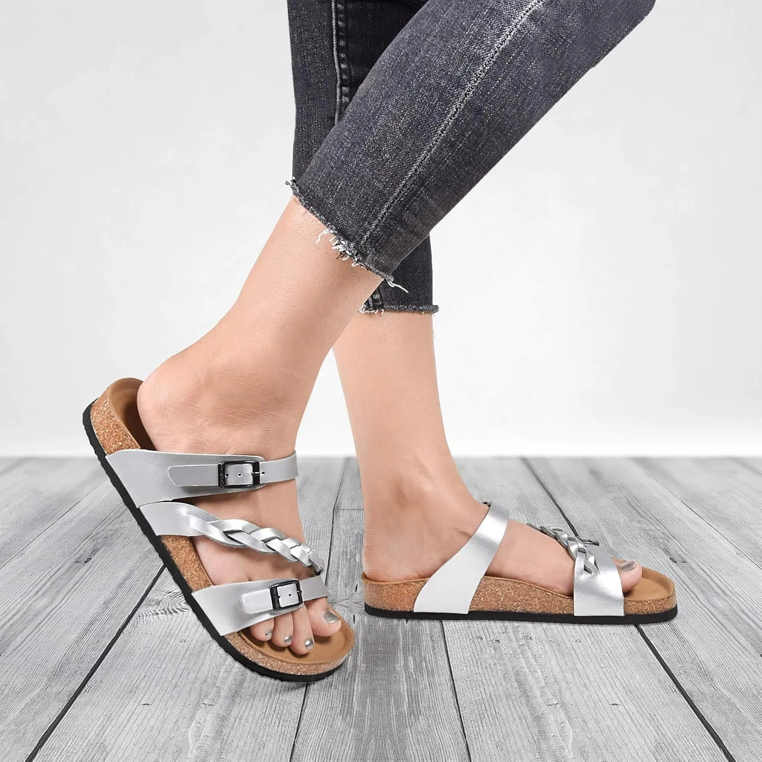 AEROTHOTIC Comfy Memory Foam Cork Sandals for Women Cute Dressy Adjustable Strappy Split Toe Slip On Vacation Essentials Women Footwear Open Toe Arch Support Slides