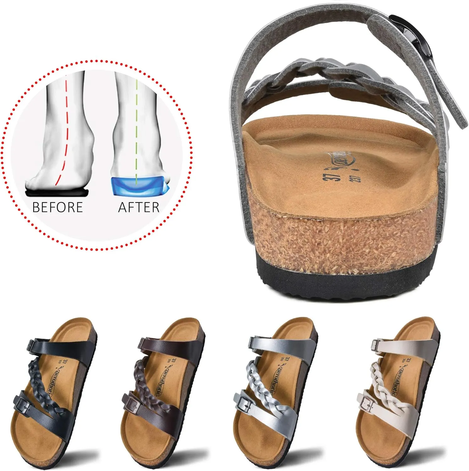 AEROTHOTIC Comfy Memory Foam Cork Sandals for Women Cute Dressy Adjustable Strappy Split Toe Slip On Vacation Essentials Women Footwear Open Toe Arch Support Slides