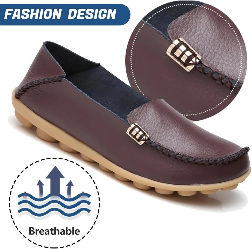 AIFLM Women's Moccasin Casual Mom's Shoes Women's Two Layer Cowhide Nurse Shoes Comfortable Loafer Walking and Driving Work Shoes Flat Bottom Gift for Women