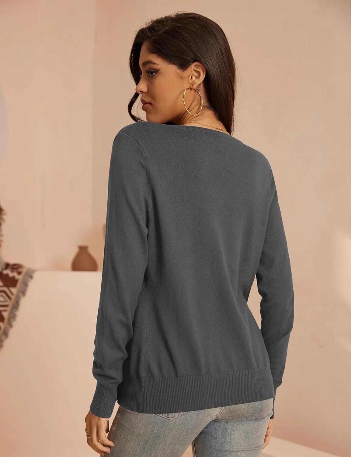 a.Jesdani Women's Button Down Crew Neck Long Sleeve Soft Knit Cardigan Sweaters