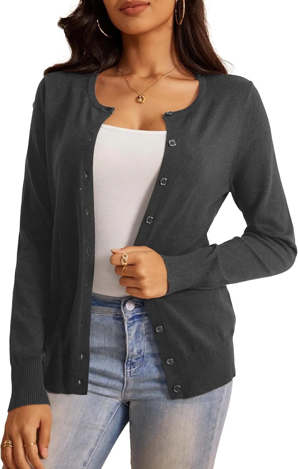 a.Jesdani Women's Button Down Crew Neck Long Sleeve Soft Knit Cardigan Sweaters