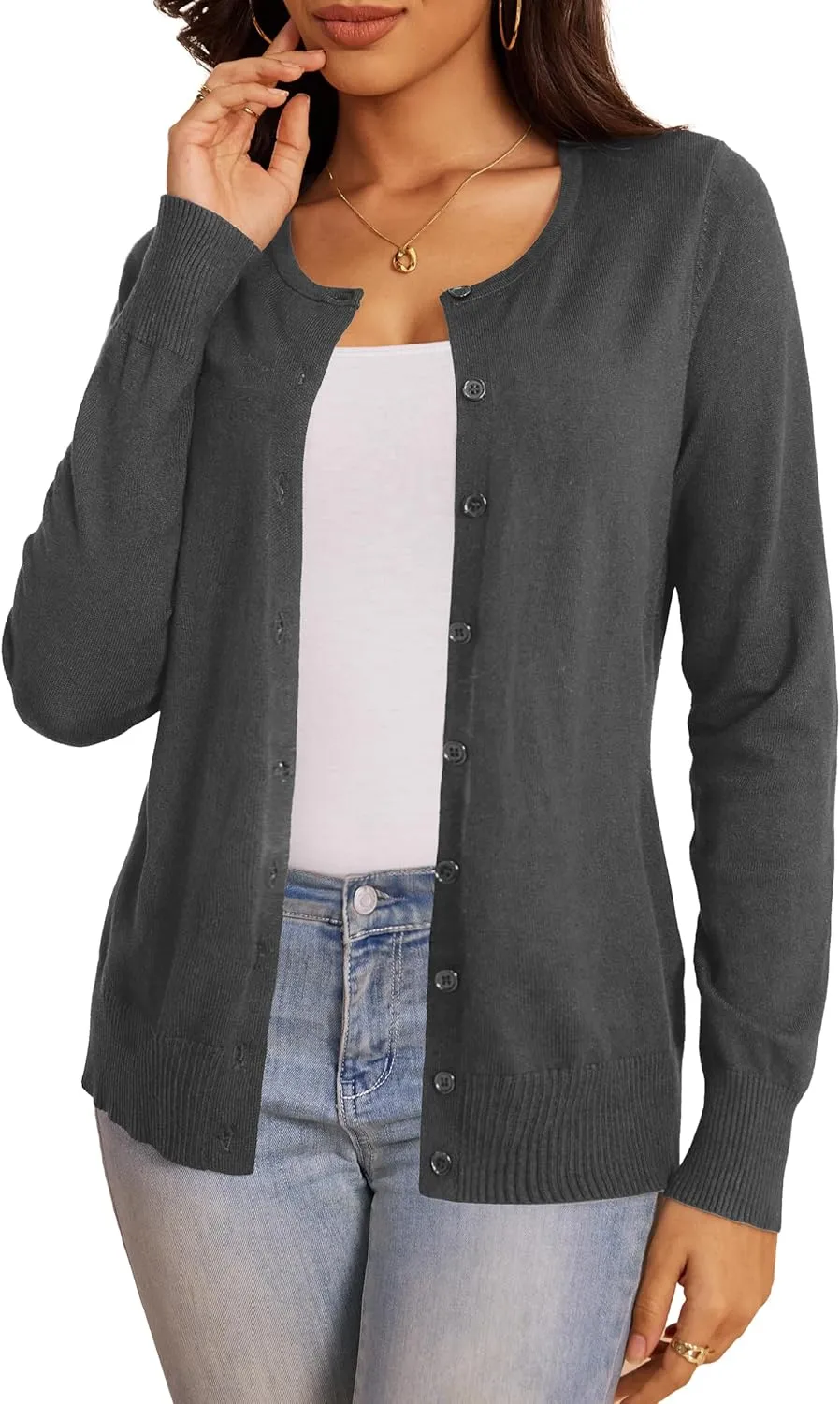 a.Jesdani Women's Button Down Crew Neck Long Sleeve Soft Knit Cardigan Sweaters