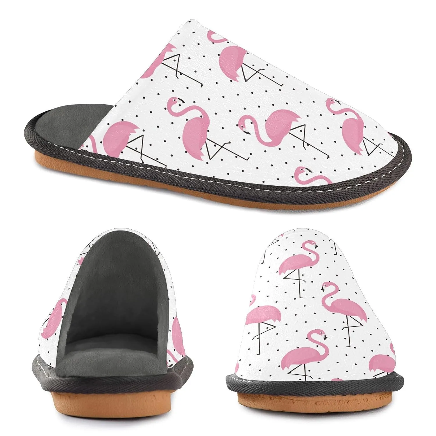 ALAZA Flamingo Polka Dot Fuzzy Slippers for Women Men Warm Soft Lightweight Memory Foam House Slippers 8-8.5