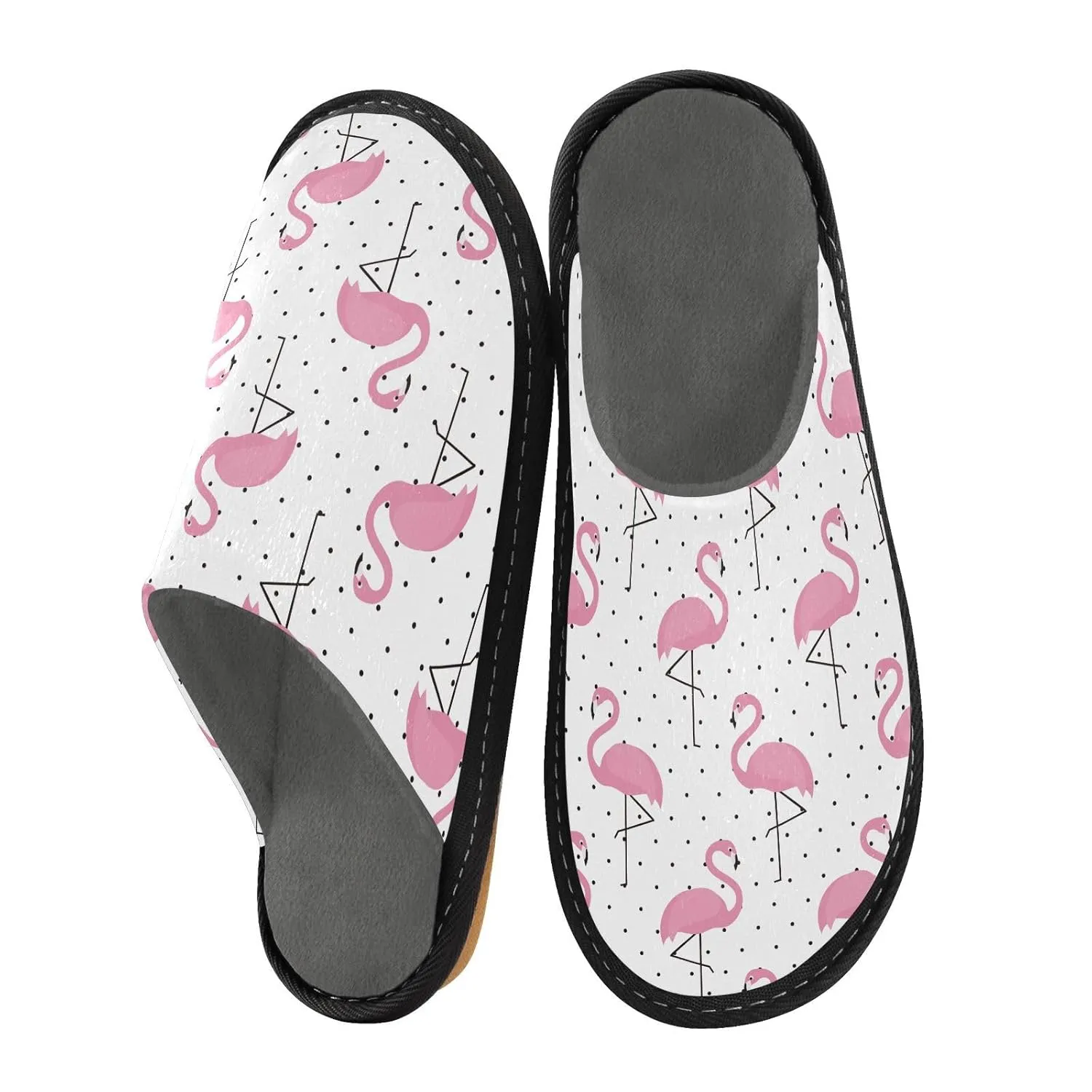 ALAZA Flamingo Polka Dot Fuzzy Slippers for Women Men Warm Soft Lightweight Memory Foam House Slippers 8-8.5
