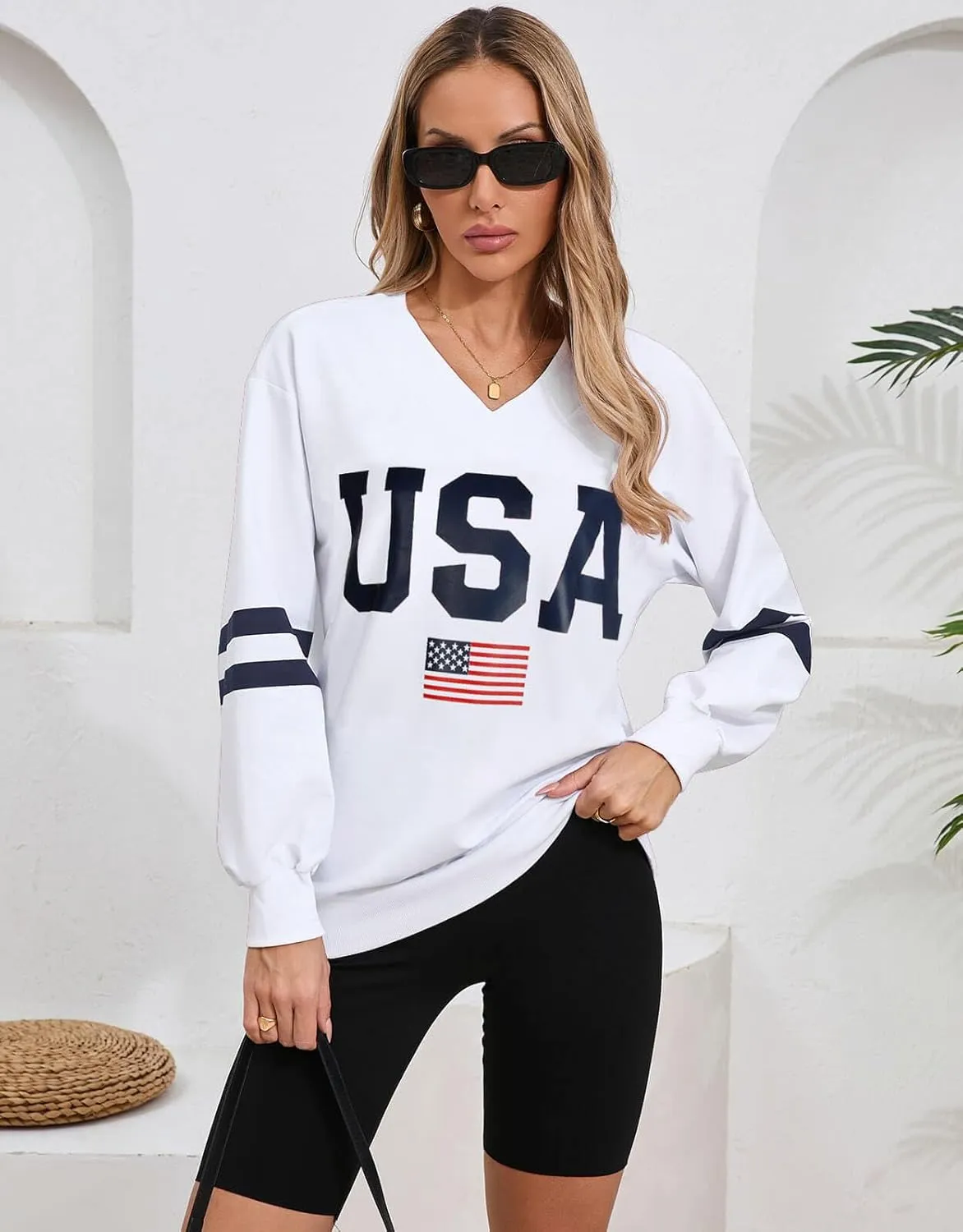 Alsol Lamesa Womens American Flag Sweatshirts Long Sleeve V Neck Loose 4th of July Outfits Flag Tops