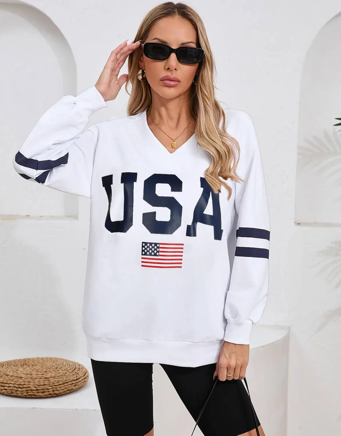 Alsol Lamesa Womens American Flag Sweatshirts Long Sleeve V Neck Loose 4th of July Outfits Flag Tops