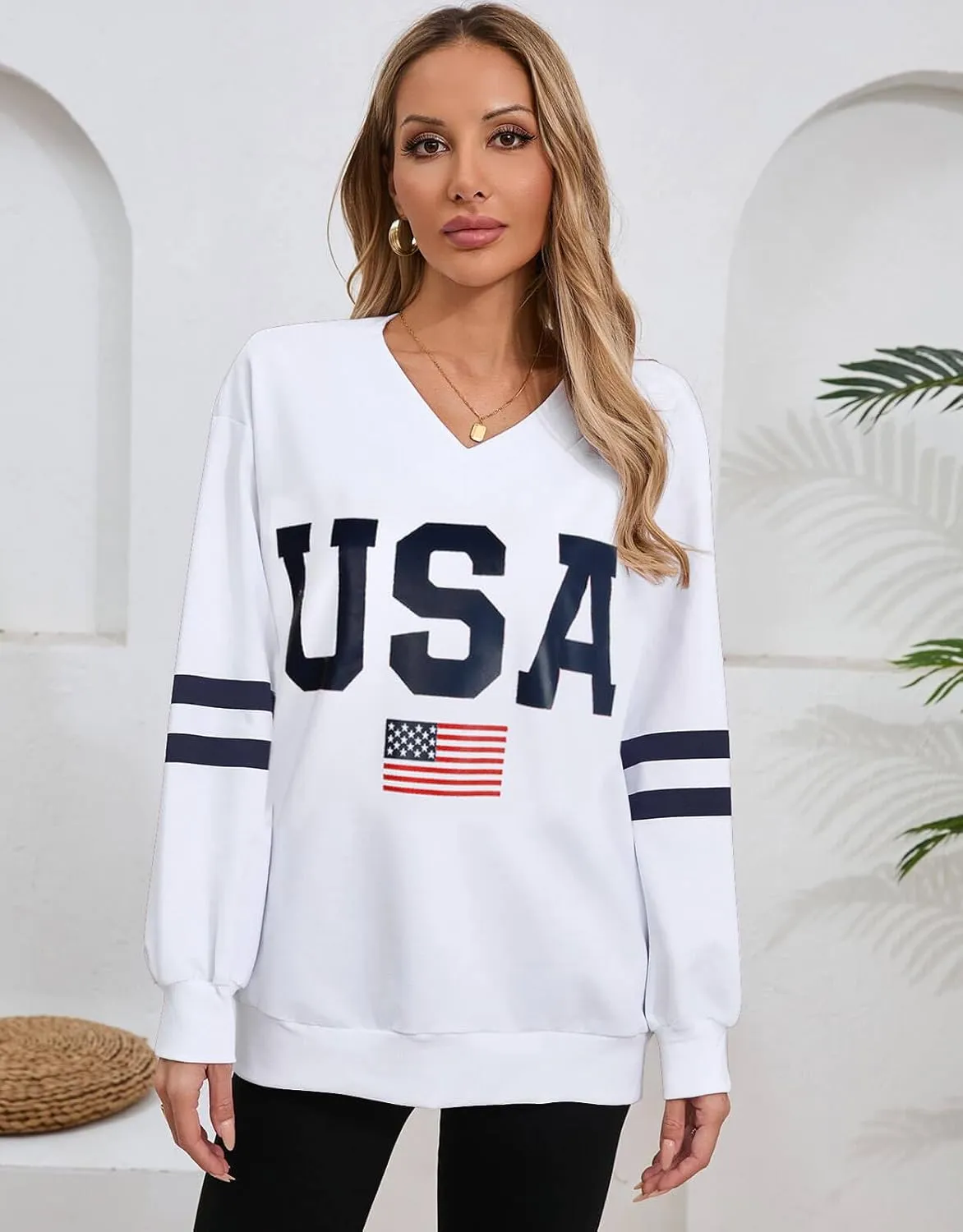 Alsol Lamesa Womens American Flag Sweatshirts Long Sleeve V Neck Loose 4th of July Outfits Flag Tops