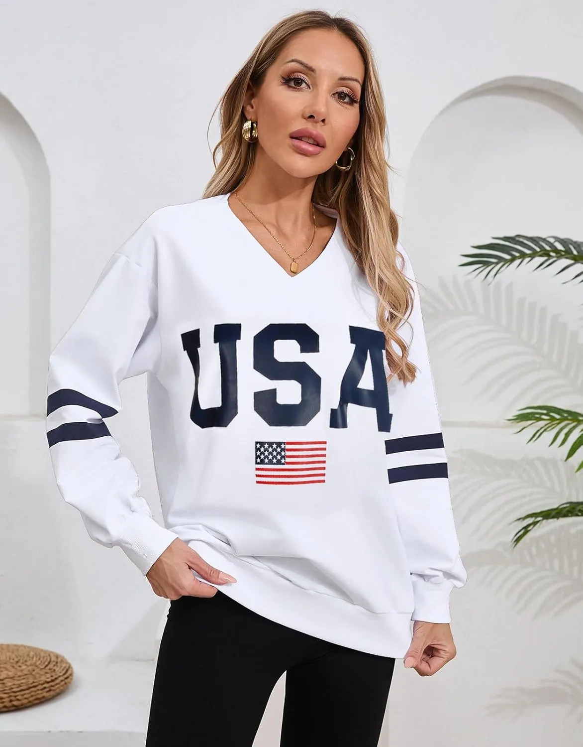 Alsol Lamesa Womens American Flag Sweatshirts Long Sleeve V Neck Loose 4th of July Outfits Flag Tops