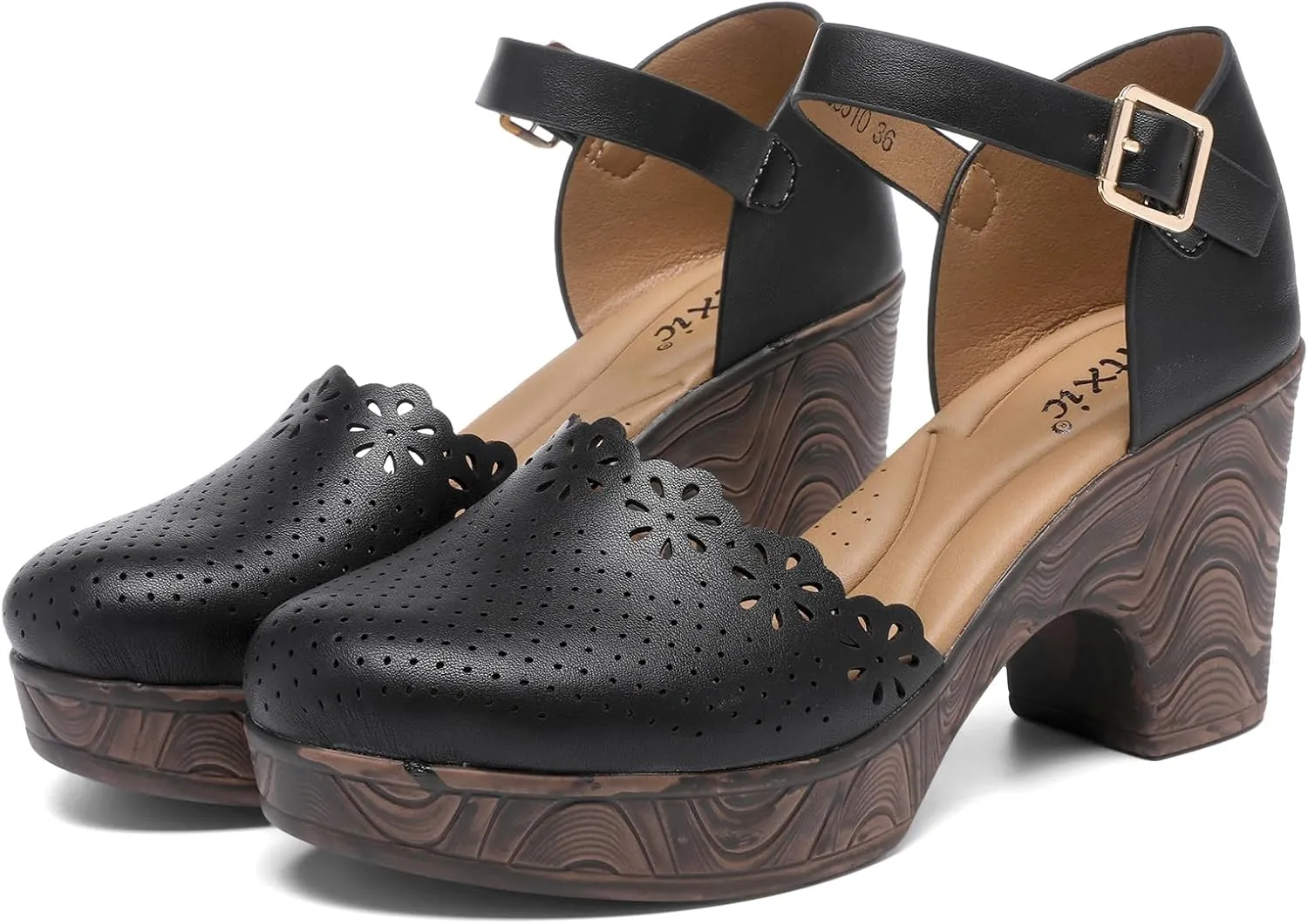 Altxic Women's Closed Round Toe Hollow Out Vamp Ankle Strap Buckle Low Block Chunky Heels Sandals