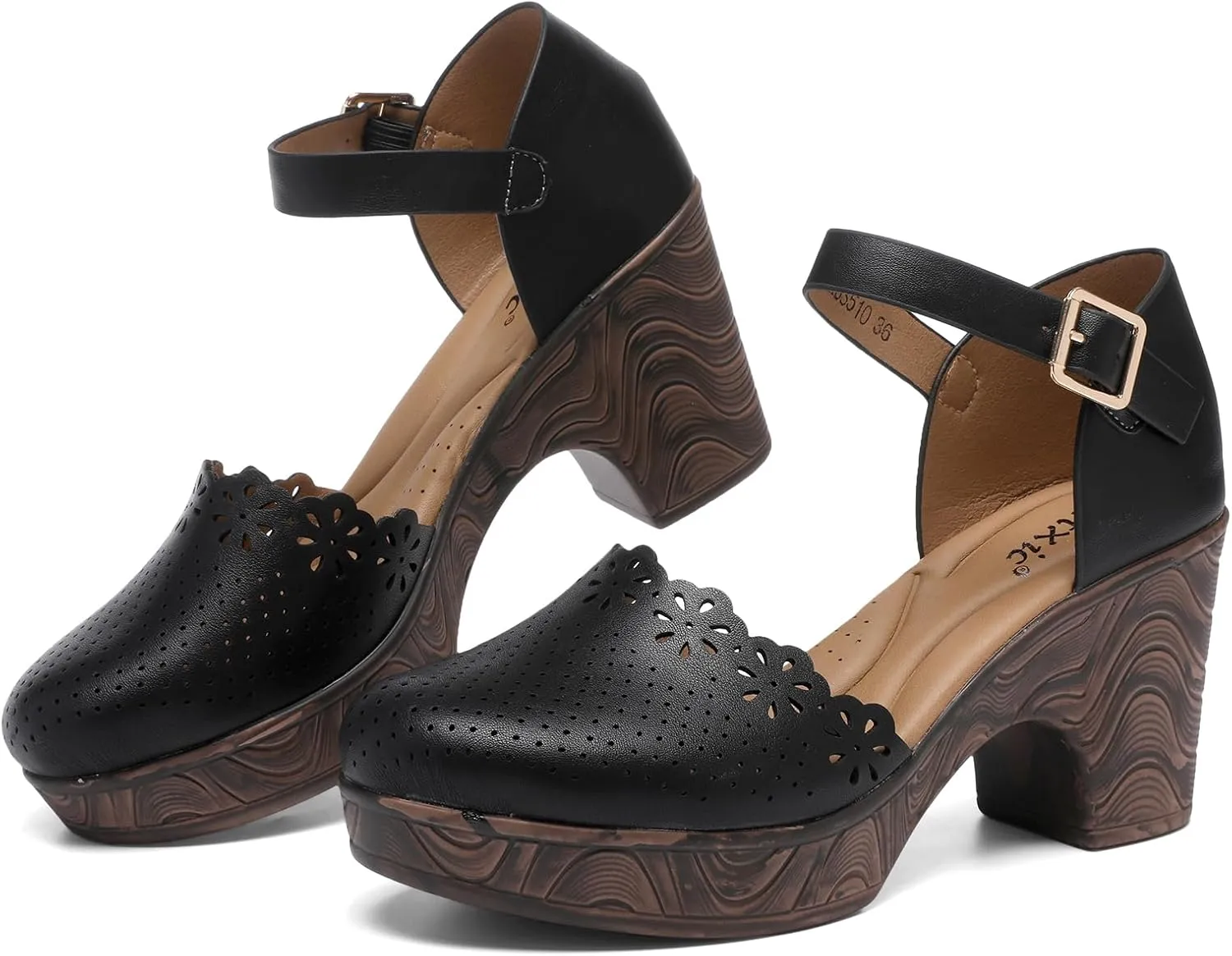 Altxic Women's Closed Round Toe Hollow Out Vamp Ankle Strap Buckle Low Block Chunky Heels Sandals
