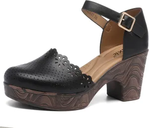 Altxic Women's Closed Round Toe Hollow Out Vamp Ankle Strap Buckle Low Block Chunky Heels Sandals