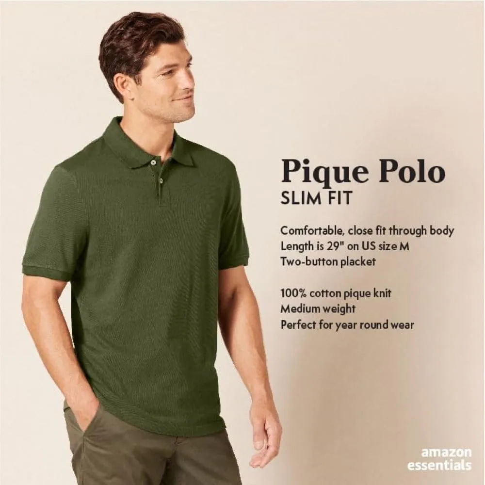 Amazon Essentials Men's Polo Shirts Short Sleeve, Slim-Fit Cotton Pique