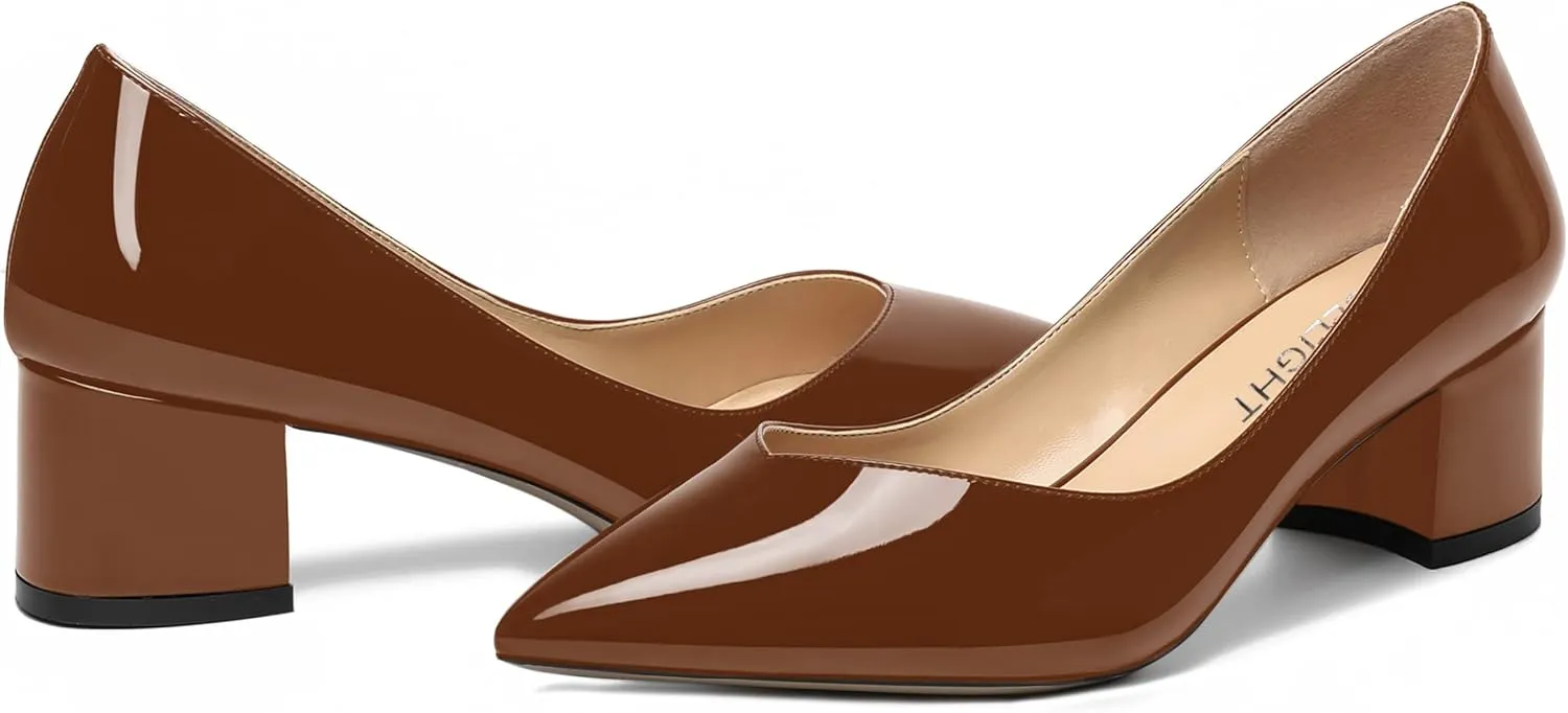 AMBELIGHT Womens Dress Patent Slip On Solid Evening Pointed Toe Chunky Low Heel Pumps Shoes 2 Inch