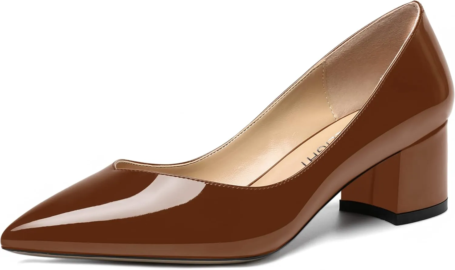 AMBELIGHT Womens Dress Patent Slip On Solid Evening Pointed Toe Chunky Low Heel Pumps Shoes 2 Inch