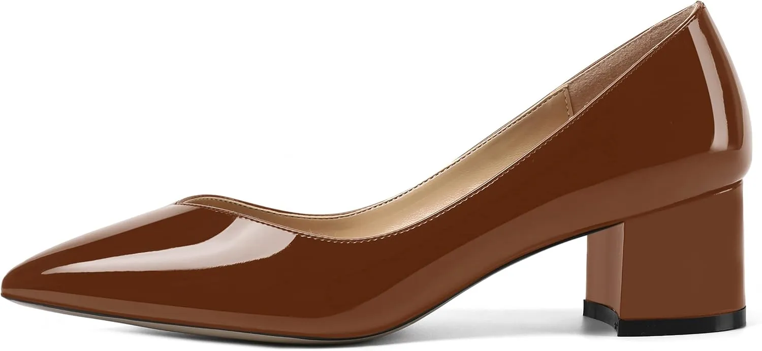AMBELIGHT Womens Dress Patent Slip On Solid Evening Pointed Toe Chunky Low Heel Pumps Shoes 2 Inch
