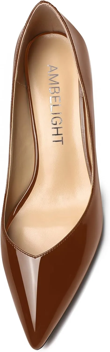 AMBELIGHT Womens Dress Patent Slip On Solid Evening Pointed Toe Chunky Low Heel Pumps Shoes 2 Inch