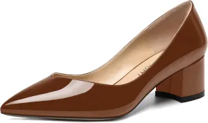 AMBELIGHT Womens Dress Patent Slip On Solid Evening Pointed Toe Chunky Low Heel Pumps Shoes 2 Inch