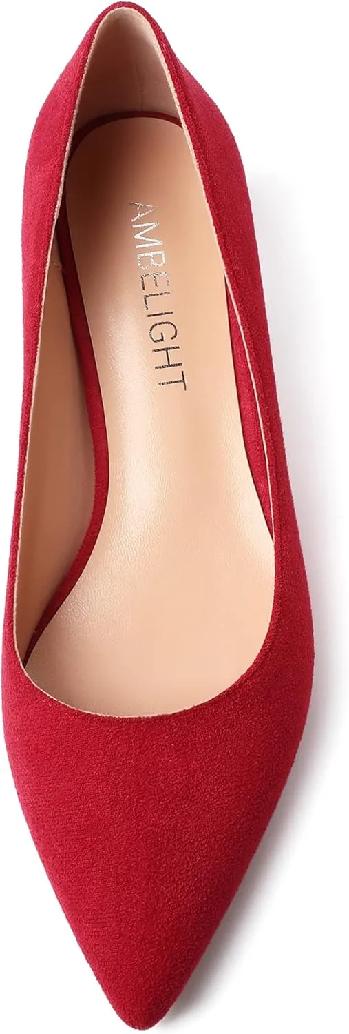 AMBELIGHT Womens Slip On Solid Casual Pointed Toe Office Suede Kitten Low Heel Pumps Shoes 1.5 Inch