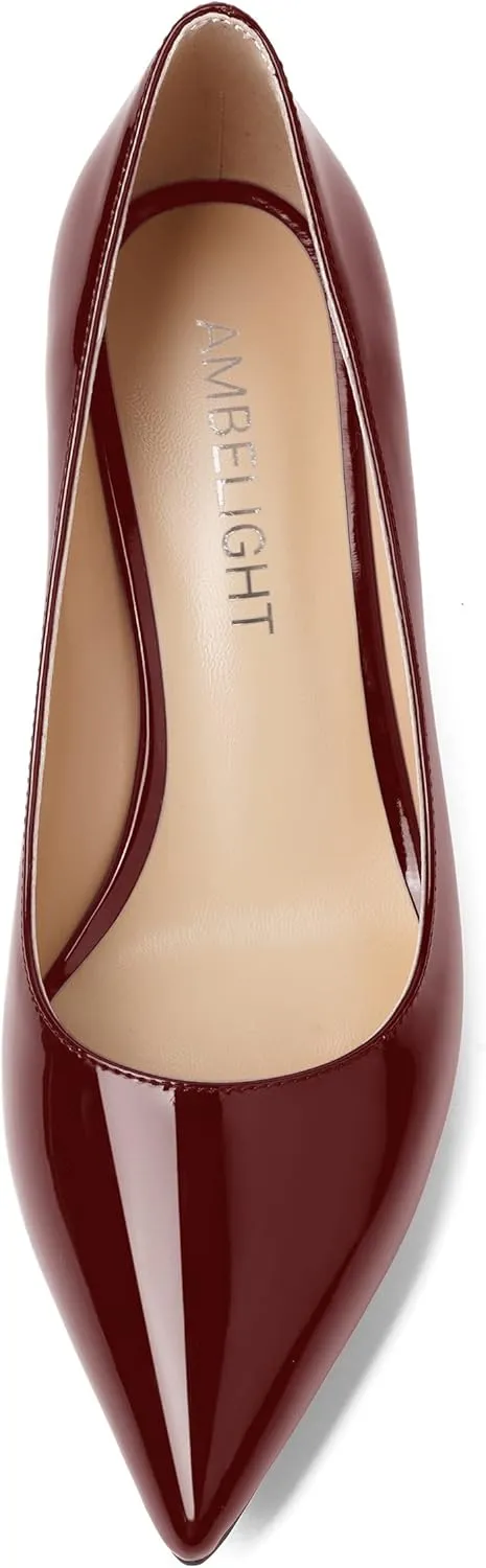 AMBELIGHT Womens Solid Office Dress Slip On Patent Pointed Toe Stiletto Mid Heel Pumps Shoes 2.5 Inch
