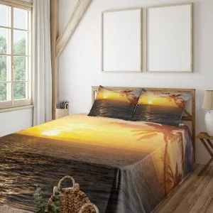 Ambesonne Beach Sheet Set, Palm Trees in Tropical Island Beach Jumping Fishes and Majestic Sunset Image, Fitted and Flat Sheet with Pillowcases Bedding Accent 4 Piece Set, Calking, Yellow Bluegrey