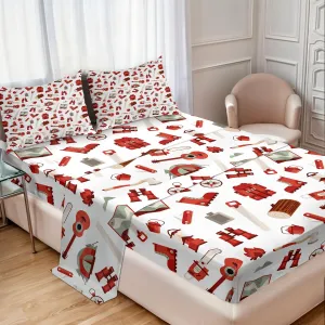 Ambesonne Camping Sheet Set, Lumberjack Elements from Outdoor Leisure Activities in Vinous Tones, Fitted and Flat Sheet with Pillowcases Bedding Accent 4 Piece Set, Calking, White Vermilion and Brown