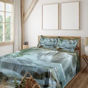 Ambesonne Nature Sheet Set, Waterfall Trees Japanese Garden Themed View Picture Print Jungle Stream Scenery, Fitted and Flat Sheet with Pillowcase Bedding Accent 4 Piece Set, Full, Green and Brown