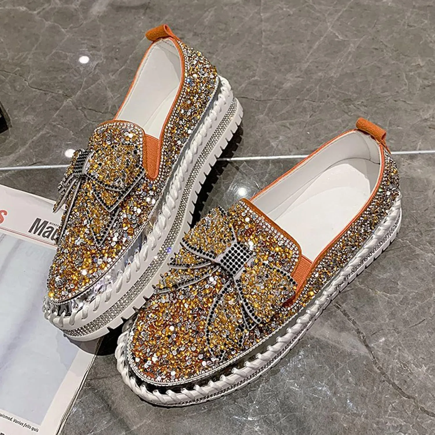 AngryMonkey Women's Rhinestones Glitter Slip On Sneakers,Cute Bow Comfort Platform Walking Flat Loafer Stitch Casual Shoes