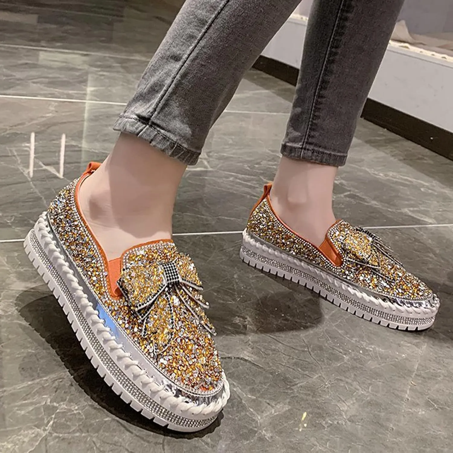 AngryMonkey Women's Rhinestones Glitter Slip On Sneakers,Cute Bow Comfort Platform Walking Flat Loafer Stitch Casual Shoes