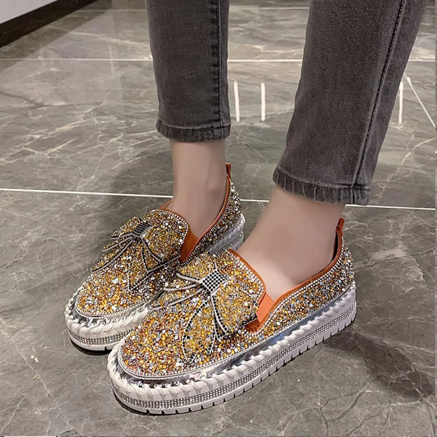 AngryMonkey Women's Rhinestones Glitter Slip On Sneakers,Cute Bow Comfort Platform Walking Flat Loafer Stitch Casual Shoes