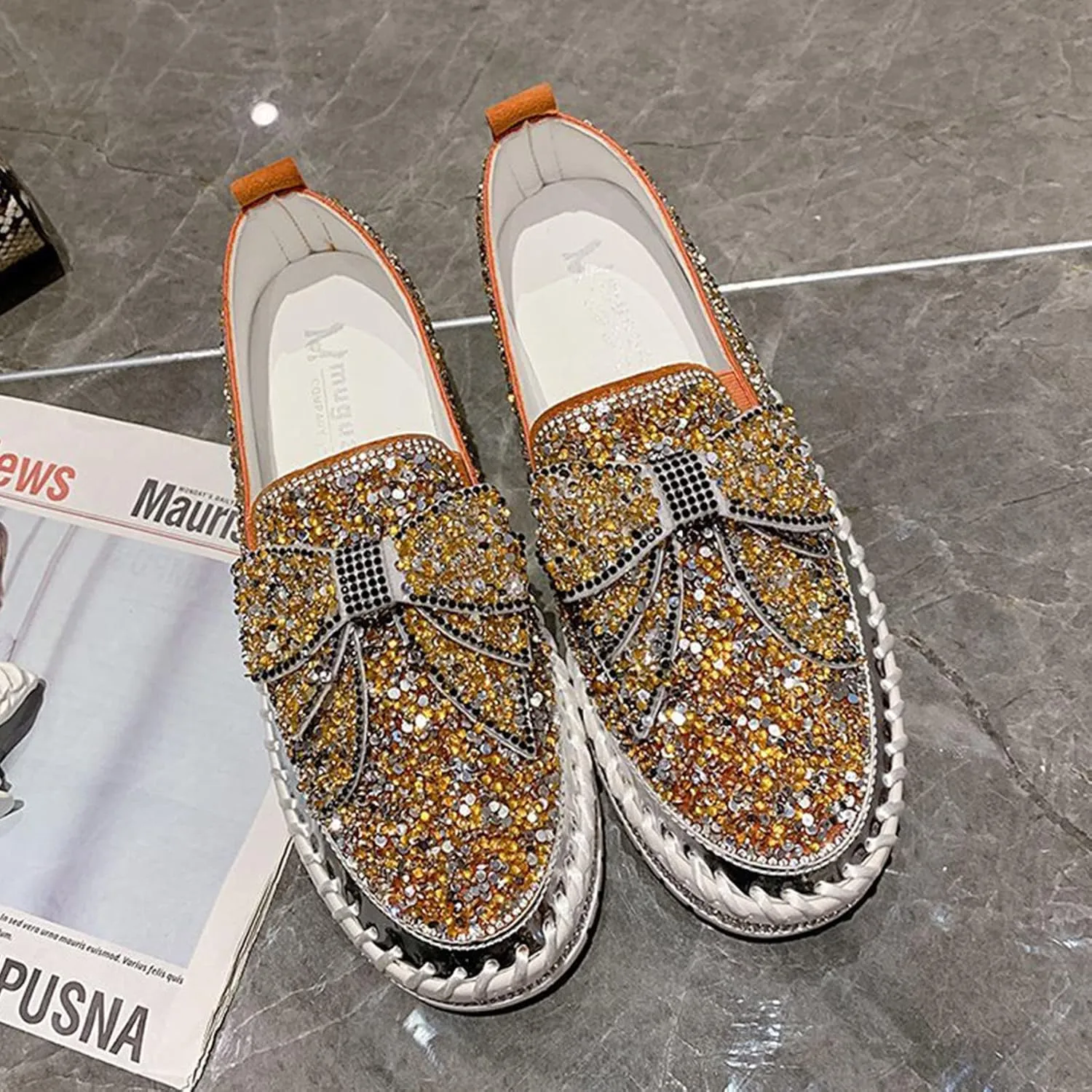AngryMonkey Women's Rhinestones Glitter Slip On Sneakers,Cute Bow Comfort Platform Walking Flat Loafer Stitch Casual Shoes