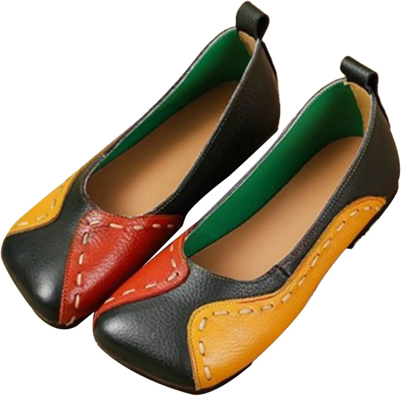 AngryMonkey Women's Square Toe Leather Colorblock Flats,Lightweight Comfy Low Heel Ox Softsole Slip On Casual Dress Ballet Shoes
