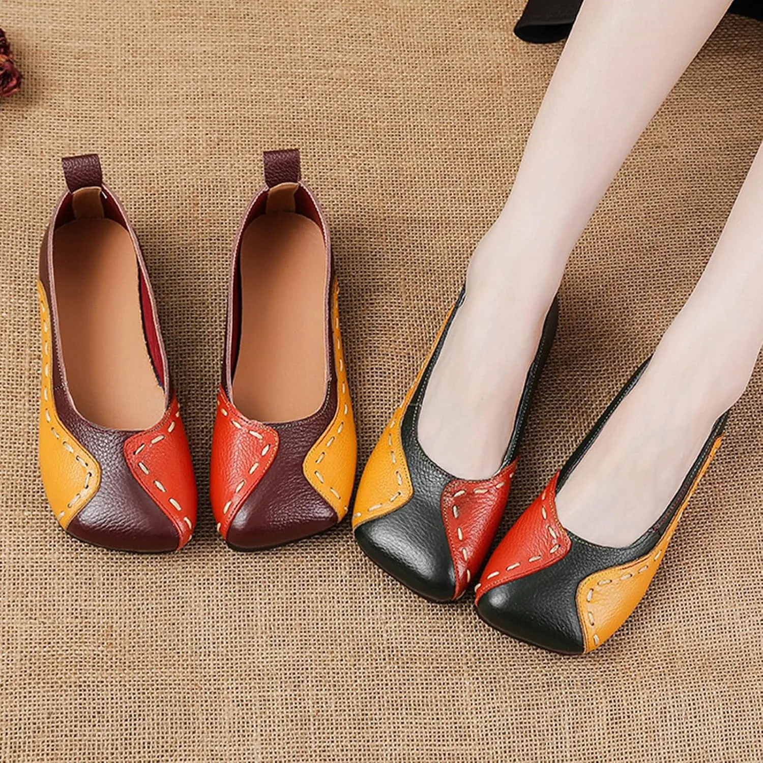 AngryMonkey Women's Square Toe Leather Colorblock Flats,Lightweight Comfy Low Heel Ox Softsole Slip On Casual Dress Ballet Shoes
