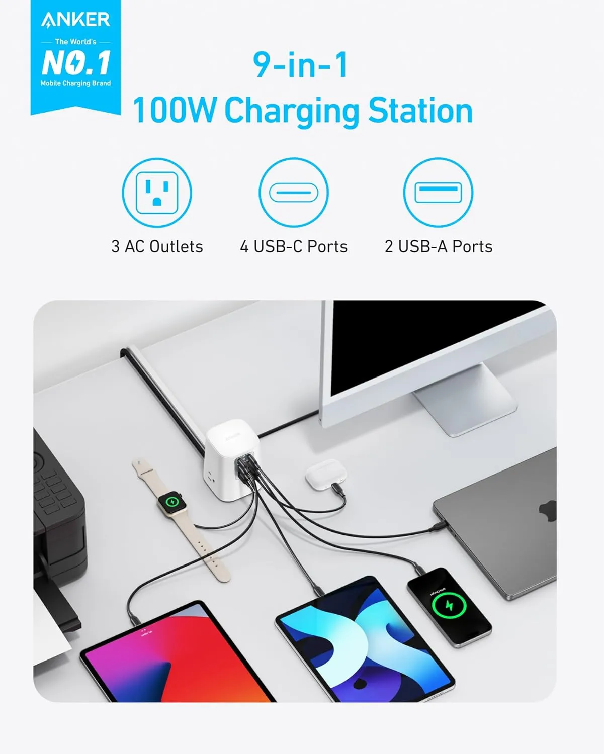 Anker Charging Station (100W), 9-in-1 USB-C Power Strip with 300J Surge Protection, for iPhone 16 and MacBook, 5 ft Flat Cable and Plug, 4 USB-C and 2 USB-A Ports, 3 AC Outlets, for Home, Office