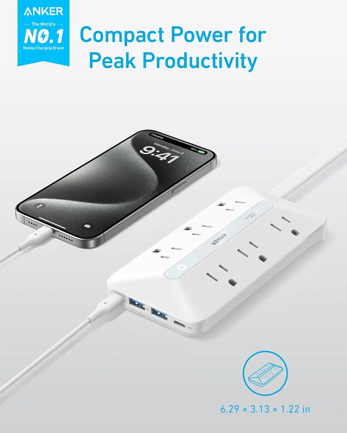 Anker Flat Plug Power Strip(300J) with 20W USB-C, 10-in-1 Ultra Thin Power Strip with 6 AC, 2 USB-A/2 USB-C,5feet Extension Cord, Desk Charging Station,Home Office College Dorm Essentials
