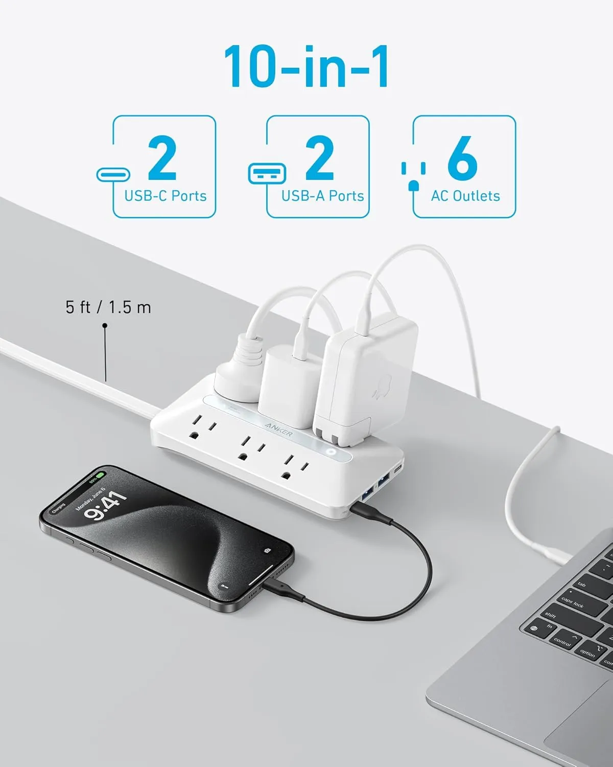 Anker Flat Plug Power Strip(300J) with 20W USB-C, 10-in-1 Ultra Thin Power Strip with 6 AC, 2 USB-A/2 USB-C,5feet Extension Cord, Desk Charging Station,Home Office College Dorm Essentials