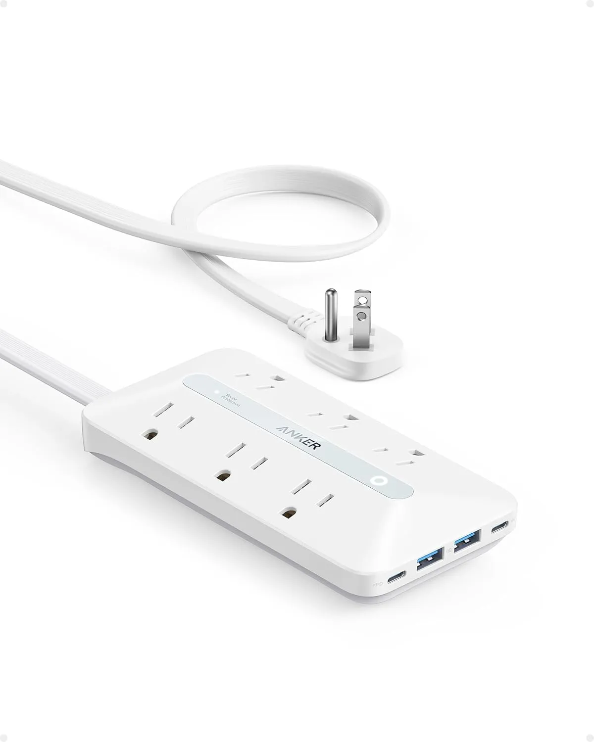 Anker Flat Plug Power Strip(300J) with 20W USB-C, 10-in-1 Ultra Thin Power Strip with 6 AC, 2 USB-A/2 USB-C,5feet Extension Cord, Desk Charging Station,Home Office College Dorm Essentials